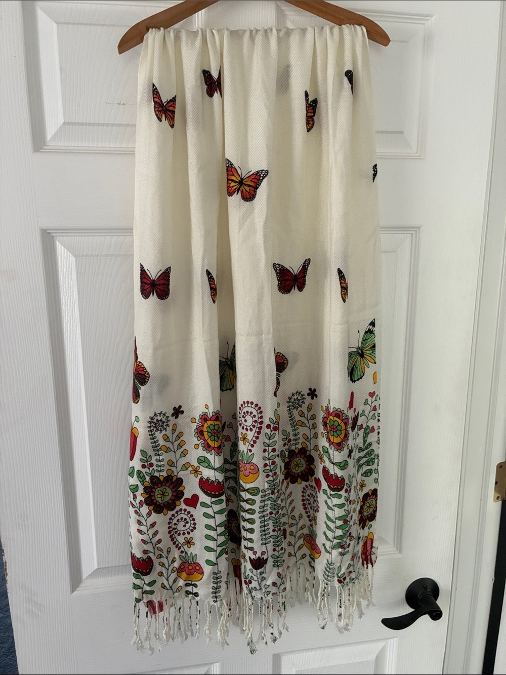Pashmina Head Wrap Scarf Cream Fabric w/Butterflies & Flowers Fringe